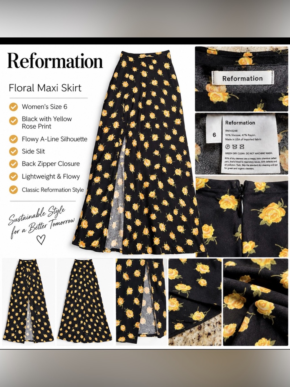 Reformation Zoe Midi Skirt Size 6, Black with Yellow Roses $168 msrp